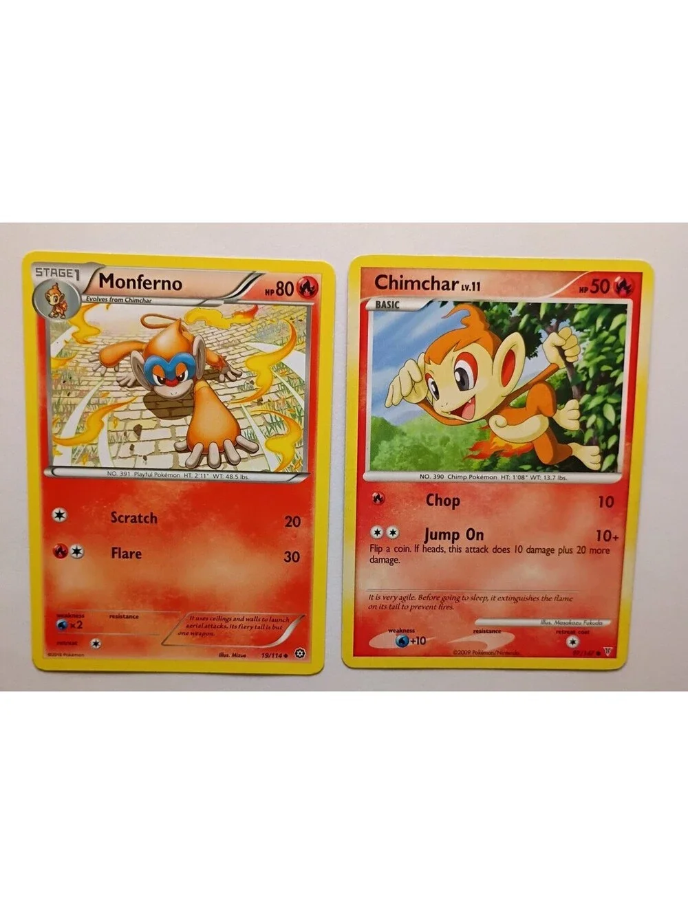 Pokemon TCG Monferno non Holo 19/114 & Chimchar LV.11 97/147 2009 (2)